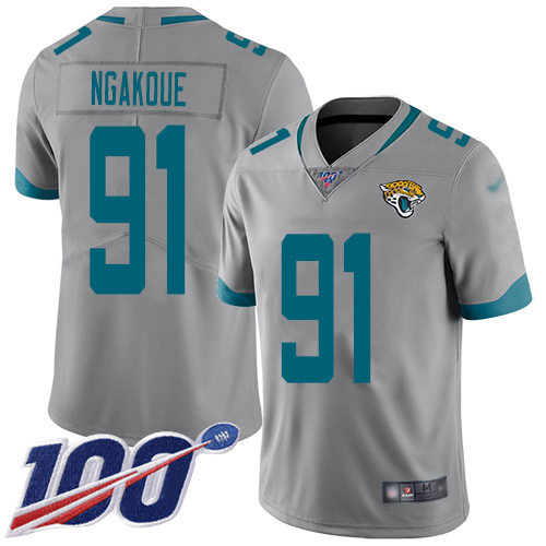 Men Nike Jacksonville Jaguars 91 Yannick Ngakoue Silver Stitched NFL Limited Inverted Legend 100th Season Jersey